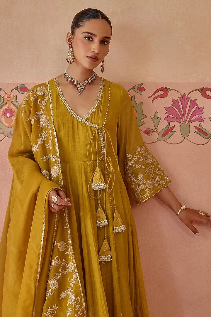 Mustard Tissue Chanderi Dori Embroidered Angrakha Party Wear Anarkali Set by Kritika Dawar at Pernia's Pop Up Shop