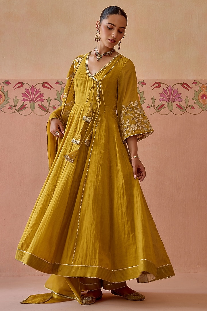 Mustard Tissue Chanderi Dori Embroidered Angrakha Party Wear Anarkali Set by Kritika Dawar at Pernia's Pop Up Shop