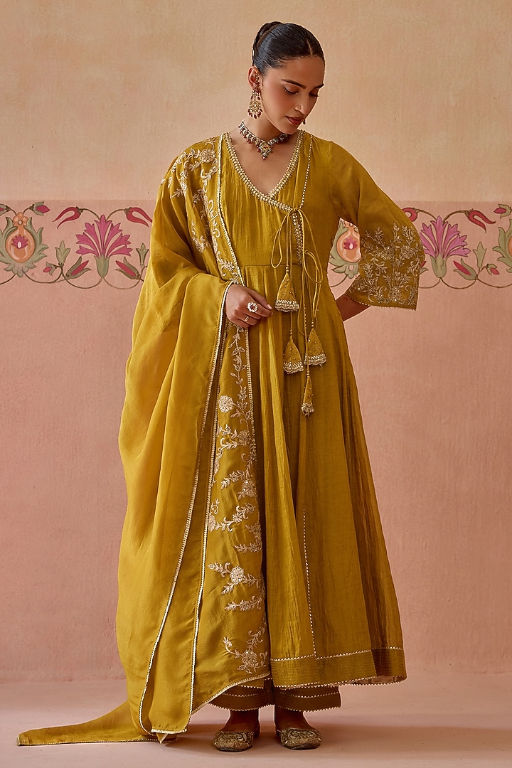 Mustard Tissue Chanderi Dori Embroidered Angrakha Party Wear Anarkali Set by Kritika Dawar at Pernia's Pop Up Shop