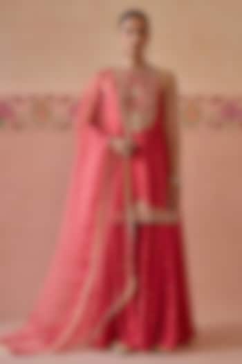 Coral Silk Wedding Sharara Set by Kritika Dawar at Pernia's Pop Up Shop