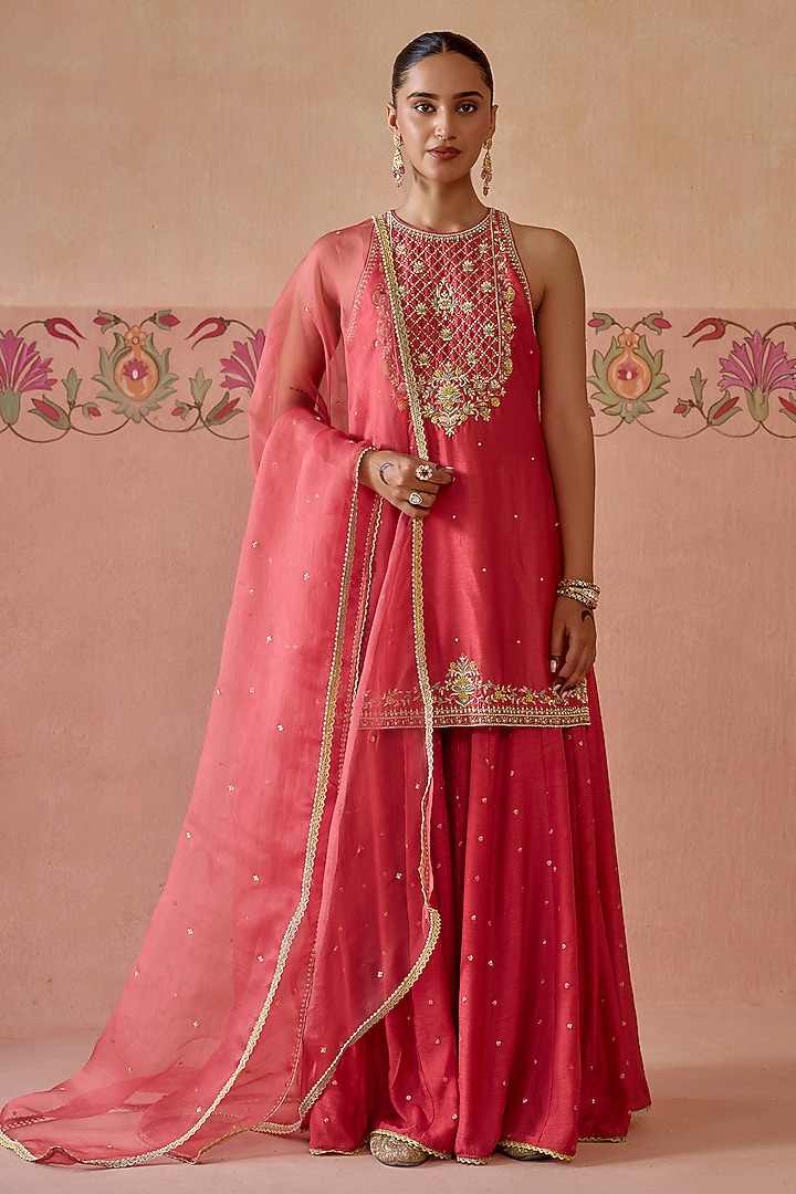Coral Silk Wedding Sharara Set by Kritika Dawar at Pernia's Pop Up Shop