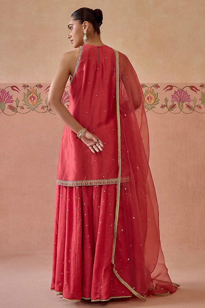 Coral Silk Wedding Sharara Set by Kritika Dawar at Pernia's Pop Up Shop
