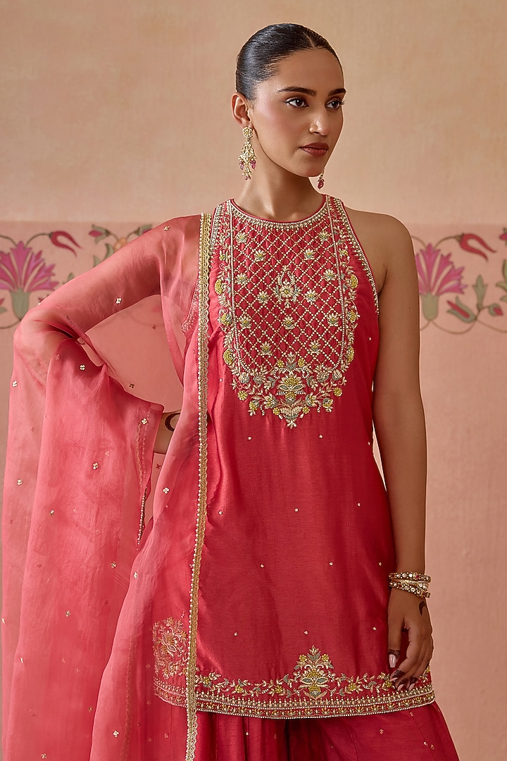 Coral Silk Wedding Sharara Set by Kritika Dawar at Pernia's Pop Up Shop