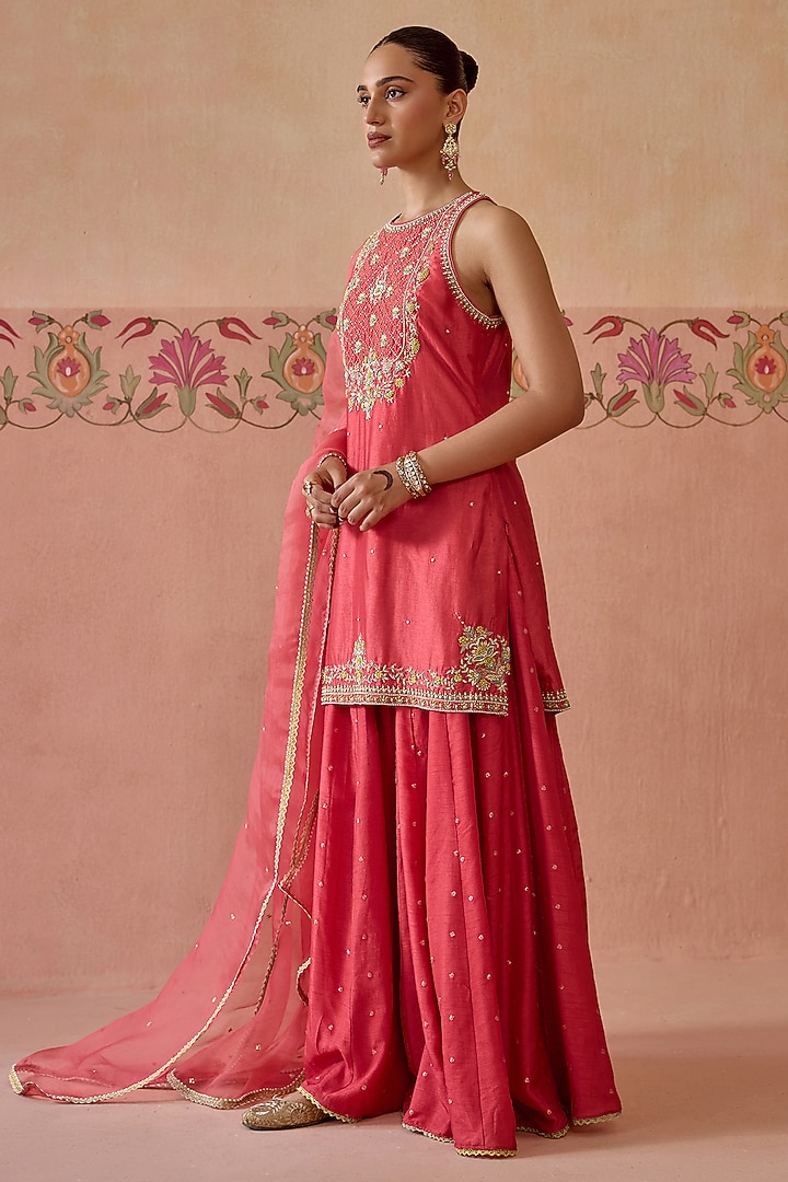 Coral Silk Wedding Sharara Set by Kritika Dawar at Pernia's Pop Up Shop