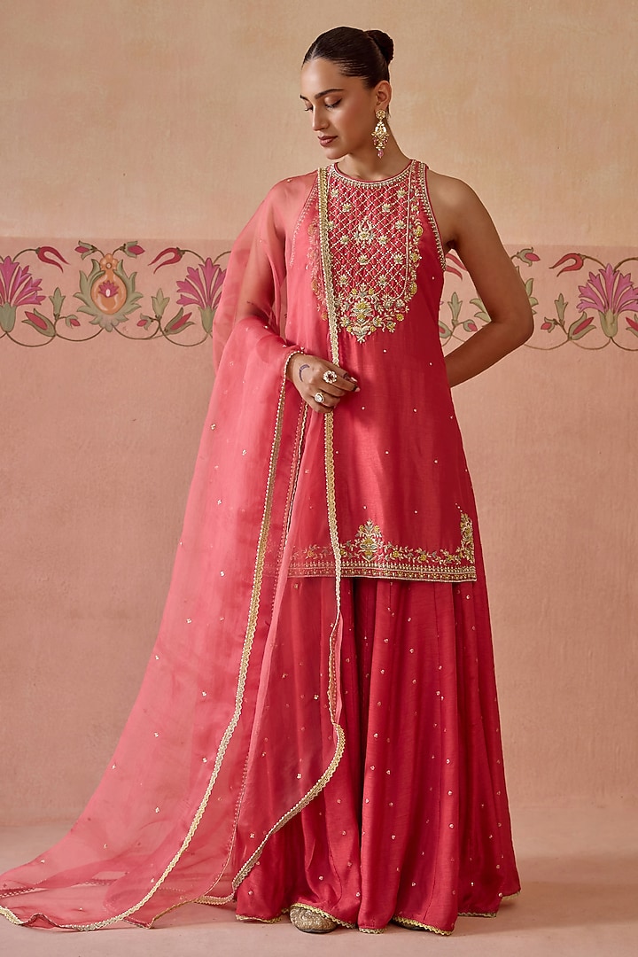 Coral Silk Wedding Sharara Set by Kritika Dawar at Pernia's Pop Up Shop
