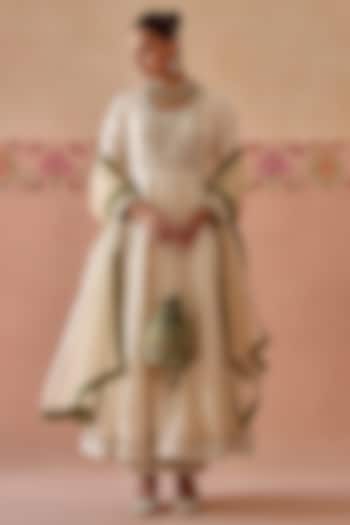 Ivory Silk Mirror Embroidered Wedding Anarkali Set by Kritika Dawar at Pernia's Pop Up Shop