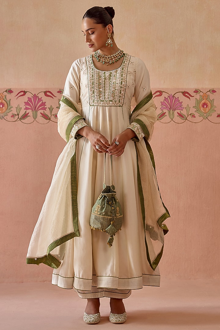 Ivory Silk Mirror Embroidered Wedding Anarkali Set by Kritika Dawar at Pernia's Pop Up Shop