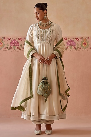 Ivory Silk Mirror Embroidered Anarkali Set by Kritika Dawar