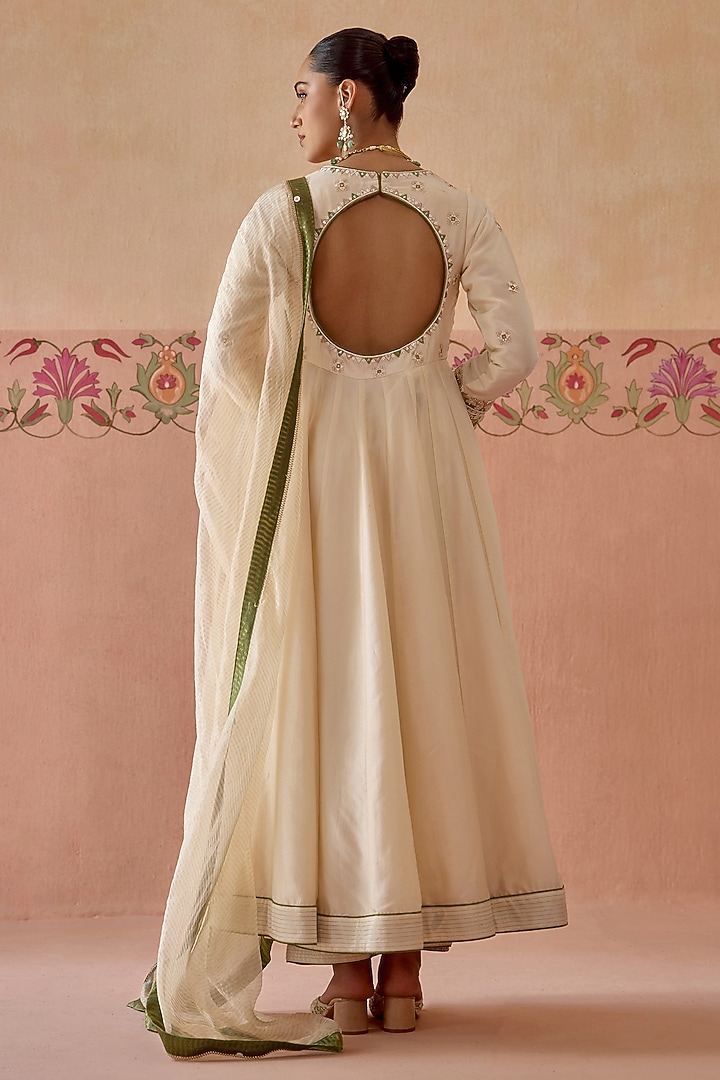 Ivory Silk Mirror Embroidered Wedding Anarkali Set by Kritika Dawar at Pernia's Pop Up Shop