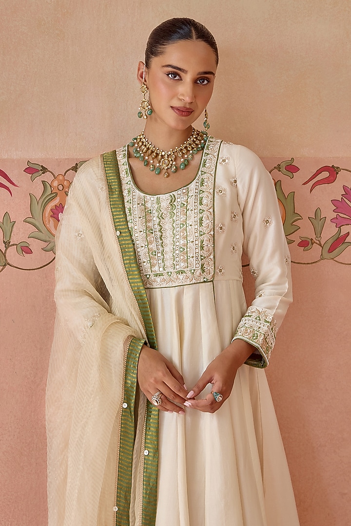 Ivory Silk Mirror Embroidered Wedding Anarkali Set by Kritika Dawar at Pernia's Pop Up Shop