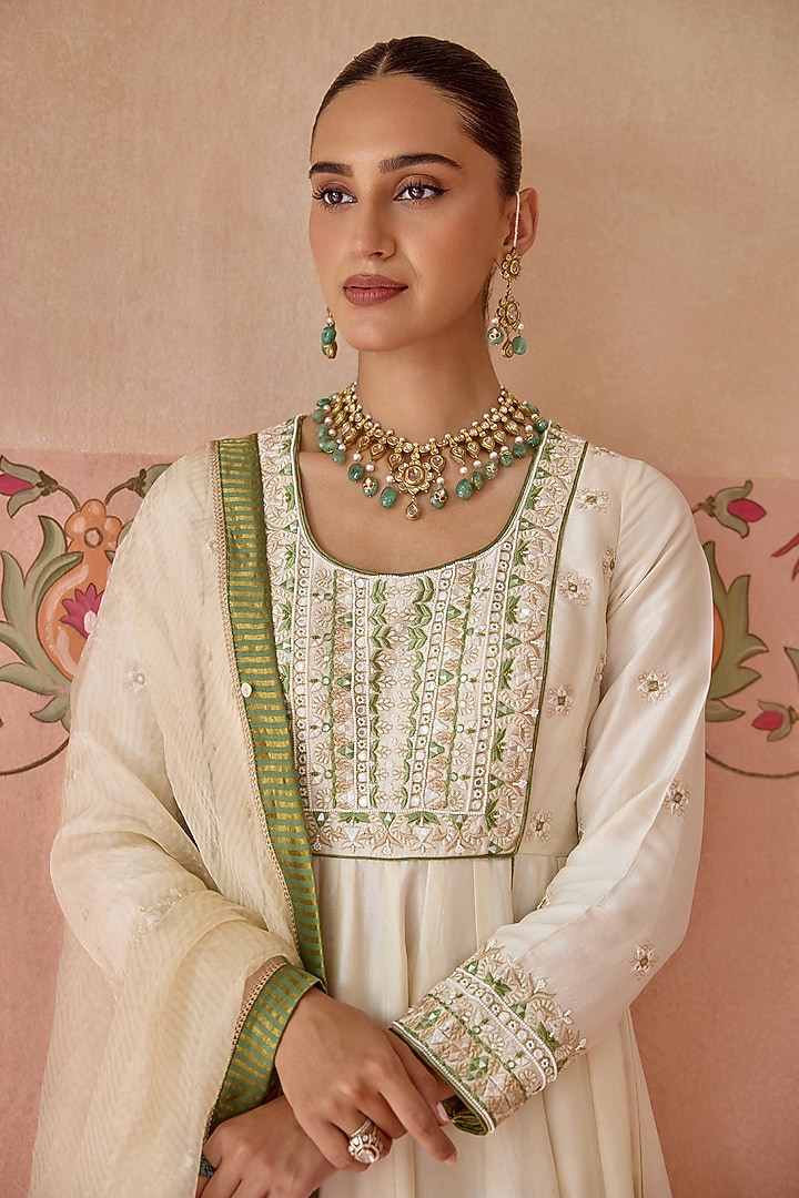 Ivory Silk Mirror Embroidered Wedding Anarkali Set by Kritika Dawar at Pernia's Pop Up Shop
