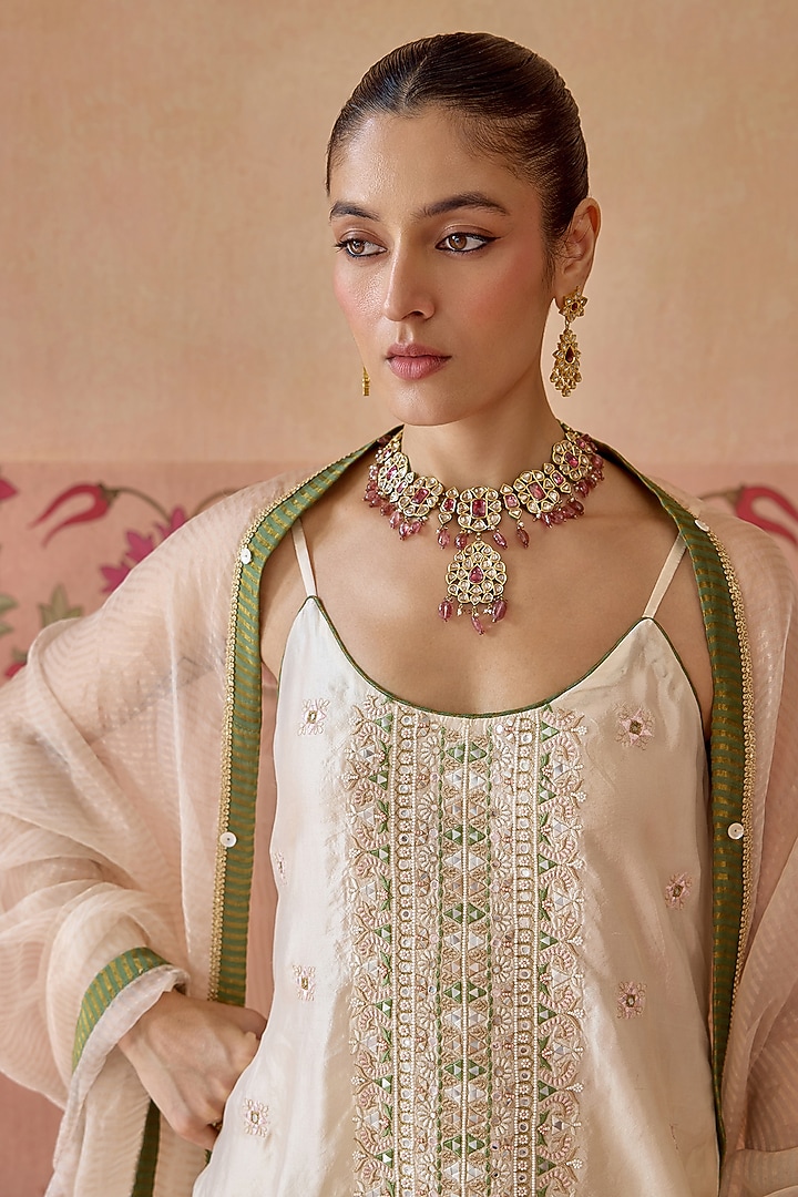 Ivory Chinon Thread Embroidered Gharara Set by Kritika Dawar at Pernia's Pop Up Shop