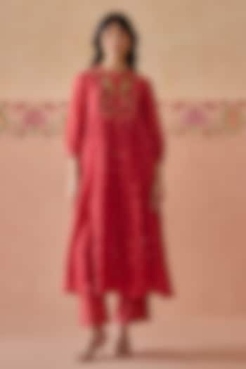 Coral Chanderi Hand Embroidered Gathered Tunic Set by Kritika Dawar at Pernia's Pop Up Shop