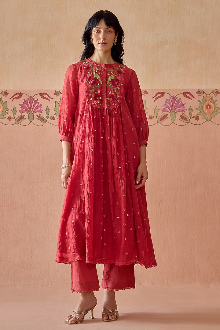 Coral Chanderi Hand Embroidered Gathered Tunic Set by Kritika Dawar at Pernia's Pop Up Shop