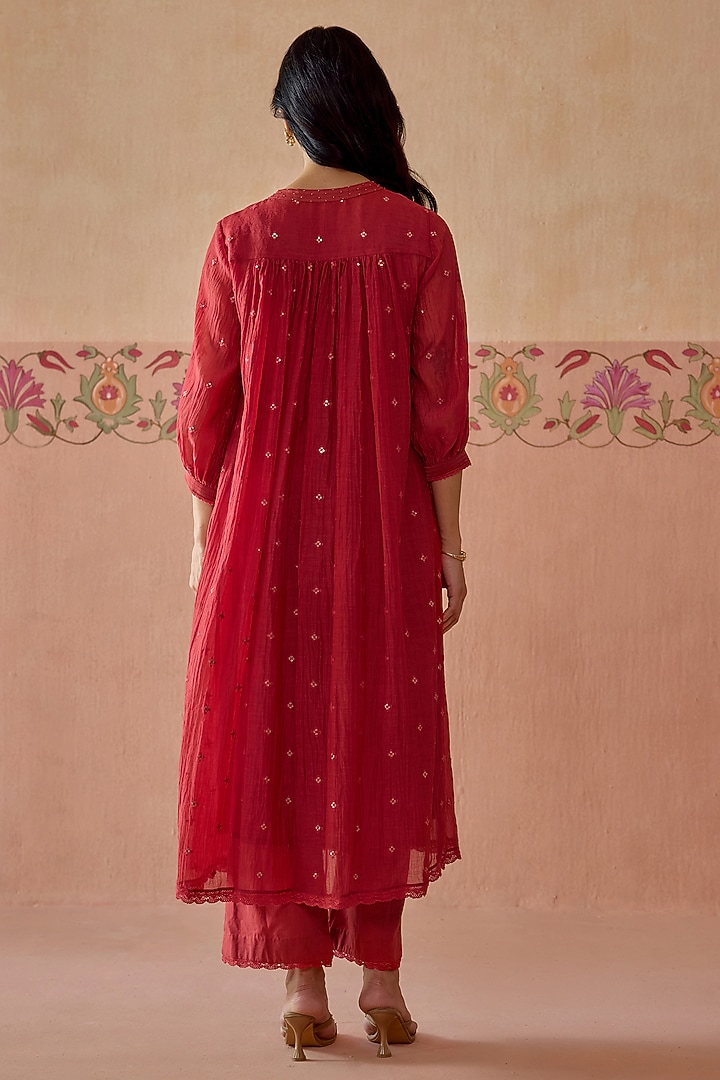 Coral Chanderi Hand Embroidered Gathered Tunic Set by Kritika Dawar at Pernia's Pop Up Shop