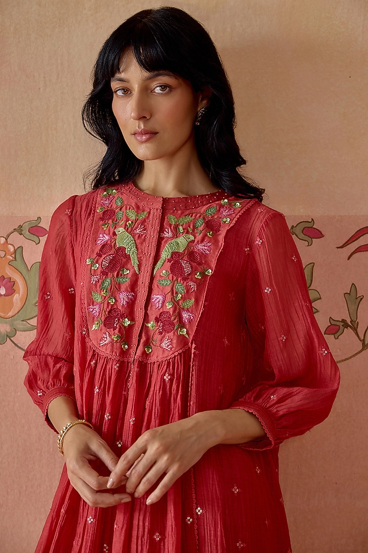 Coral Chanderi Hand Embroidered Gathered Tunic Set by Kritika Dawar at Pernia's Pop Up Shop