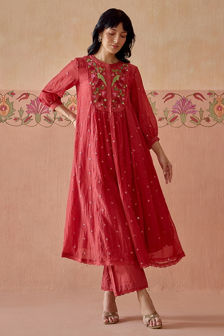 Coral Chanderi Hand Embroidered Gathered Tunic Set by Kritika Dawar at Pernia's Pop Up Shop