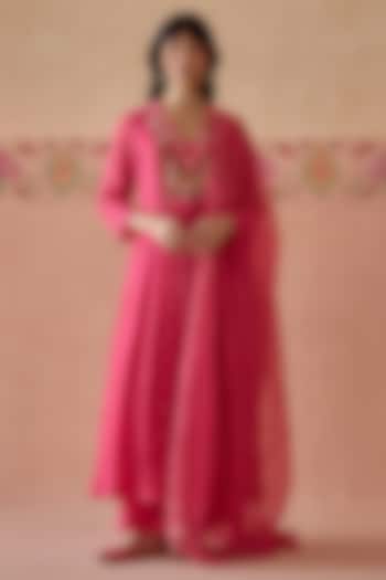 Pink Chanderi Hand Embroidered A-Line Gathered Kurta Set by Kritika Dawar at Pernia's Pop Up Shop