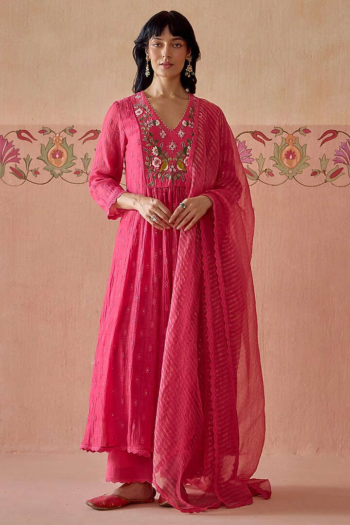 Pink Chanderi Hand Embroidered A-Line Gathered Kurta Set by Kritika Dawar at Pernia's Pop Up Shop