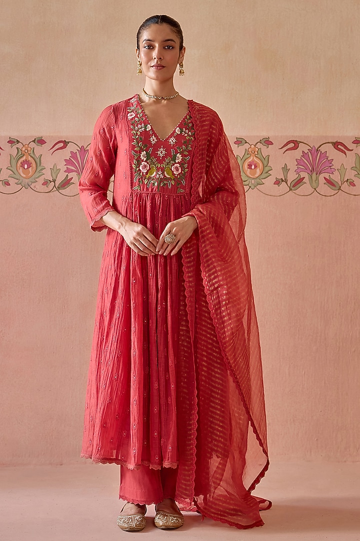 Coral Chanderi Hand Embroidered A-Line Gathered Kurta Set by Kritika Dawar at Pernia's Pop Up Shop
