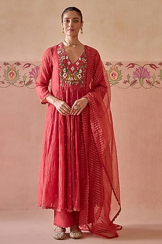 Coral Chanderi Hand Embroidered A-Line Gathered Kurta Set by Kritika Dawar