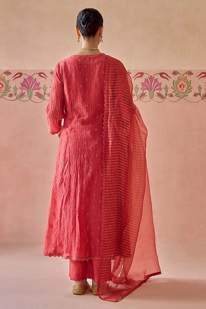 Coral Chanderi Hand Embroidered A-Line Gathered Kurta Set by Kritika Dawar at Pernia's Pop Up Shop