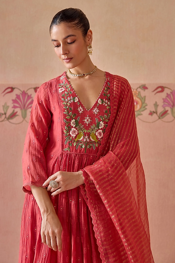 Coral Chanderi Hand Embroidered A-Line Gathered Kurta Set by Kritika Dawar at Pernia's Pop Up Shop