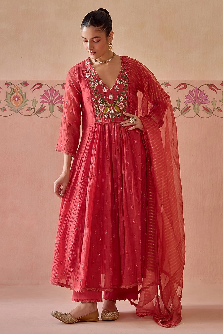 Coral Chanderi Hand Embroidered A-Line Gathered Kurta Set by Kritika Dawar at Pernia's Pop Up Shop