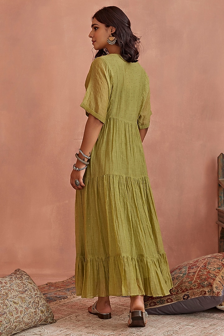 Green Chanderi Block Printed & Hand Embroidered Gathered Vacation Dress by Kritika Dawar at Pernia's Pop Up Shop
