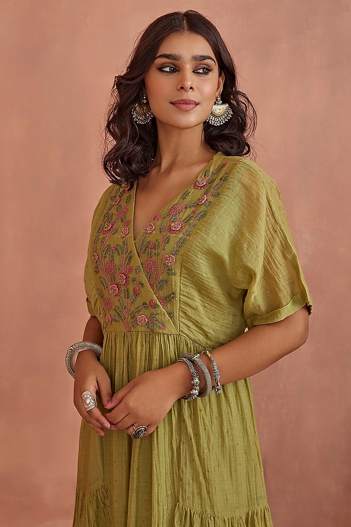Green Chanderi Block Printed & Hand Embroidered Gathered Vacation Dress by Kritika Dawar at Pernia's Pop Up Shop