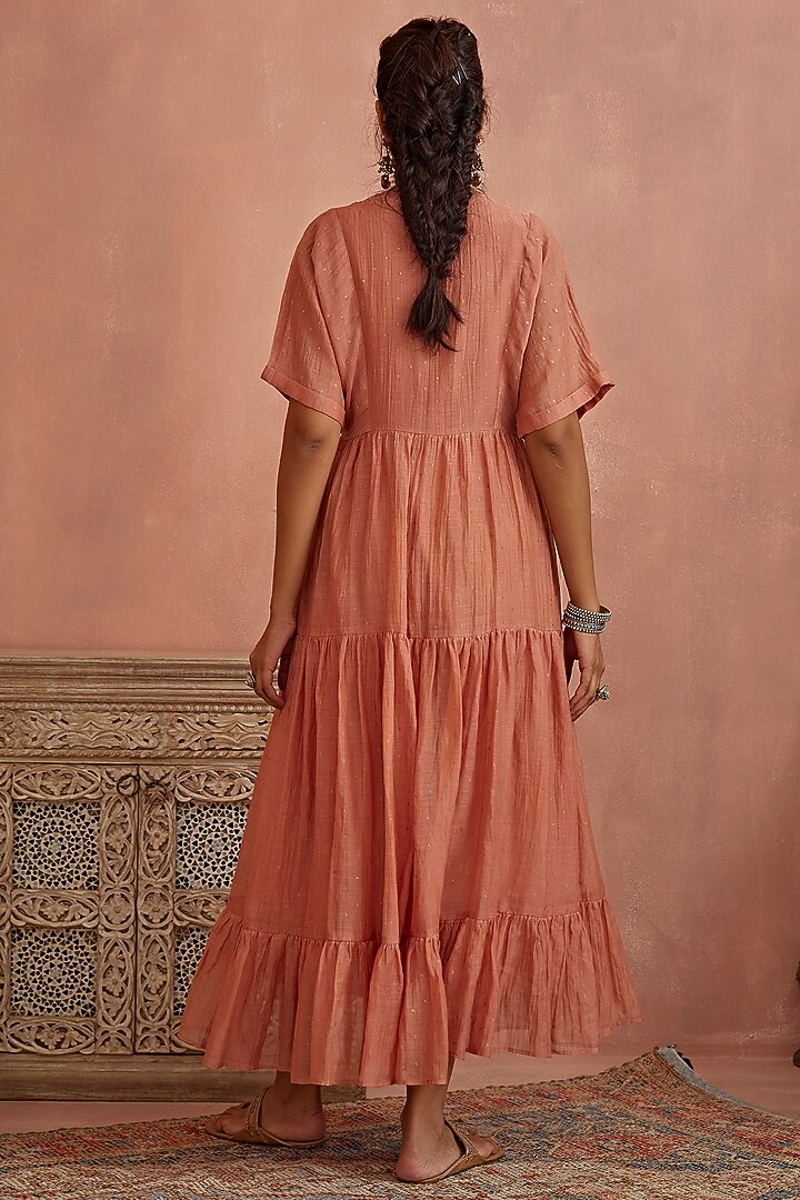 Blush Pink Chanderi Block Printed & Hand Embroidered Gathered Vacation Dress by Kritika Dawar at Pernia's Pop Up Shop
