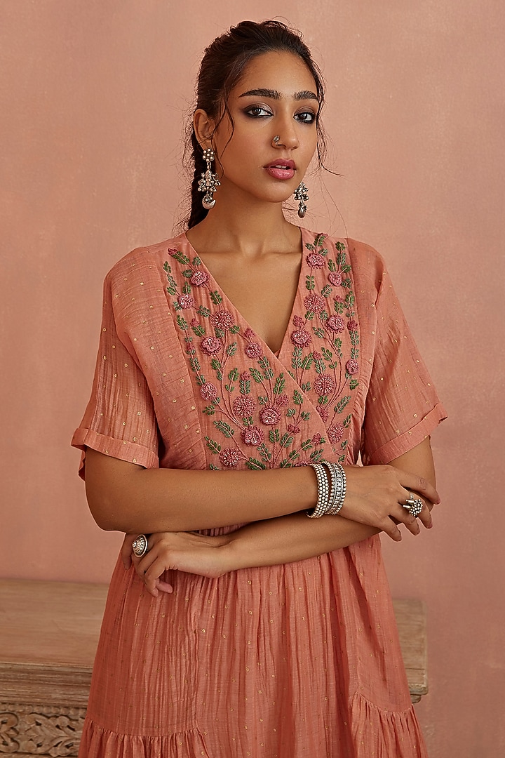 Blush Pink Chanderi Block Printed & Hand Embroidered Gathered Vacation Dress by Kritika Dawar at Pernia's Pop Up Shop