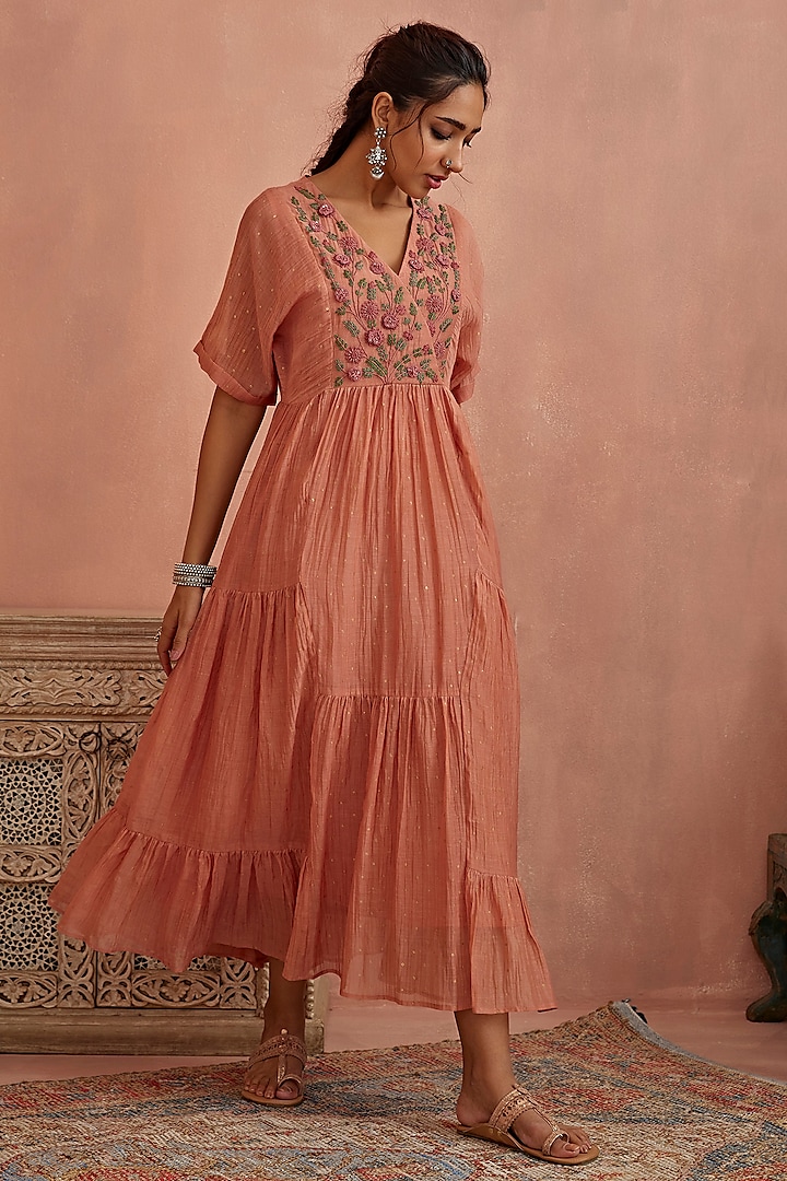 Blush Pink Chanderi Block Printed & Hand Embroidered Gathered Vacation Dress by Kritika Dawar at Pernia's Pop Up Shop