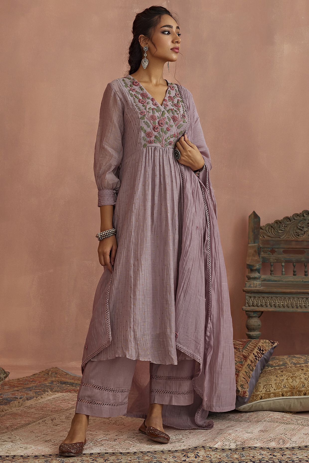 Mauve Chanderi Hand Embroidered Angrakha Kurta Set by Kritika Dawar at Pernia's Pop Up Shop