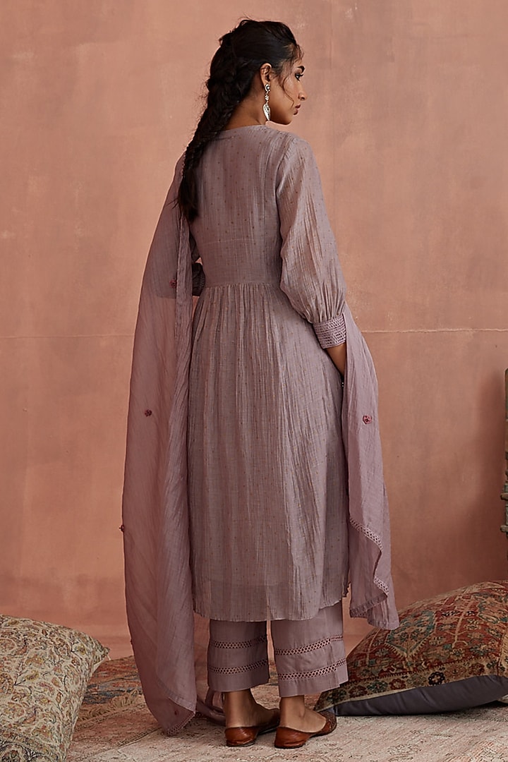Mauve Chanderi Hand Embroidered Angrakha Kurta Set by Kritika Dawar at Pernia's Pop Up Shop