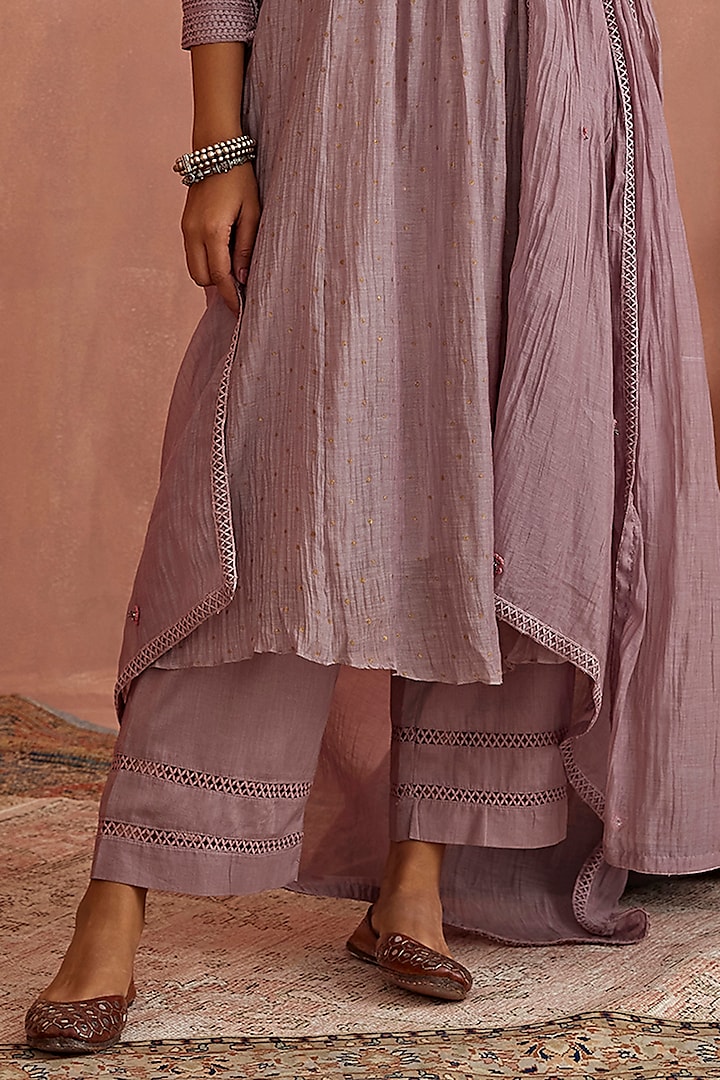 Mauve Chanderi Hand Embroidered Angrakha Kurta Set by Kritika Dawar at Pernia's Pop Up Shop
