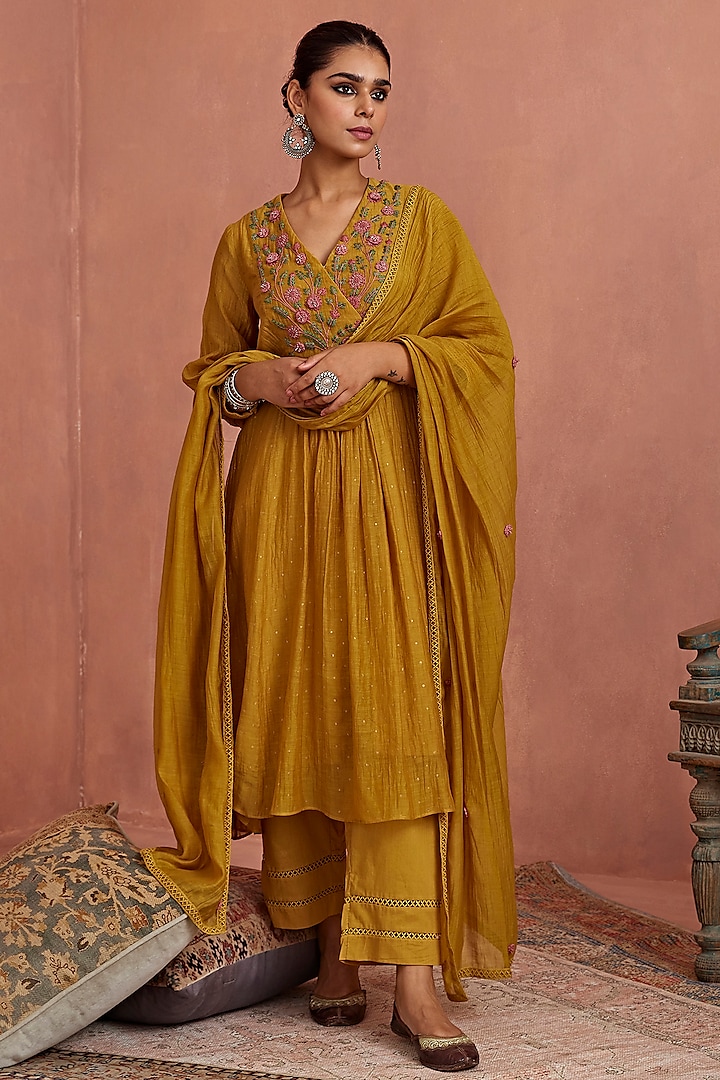 Mustard Chanderi Hand Embroidered Angrakha Kurta Set by Kritika Dawar at Pernia's Pop Up Shop