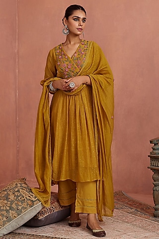 Mustard Chanderi Hand Embroidered Angrakha Kurta Set by Kritika Dawar