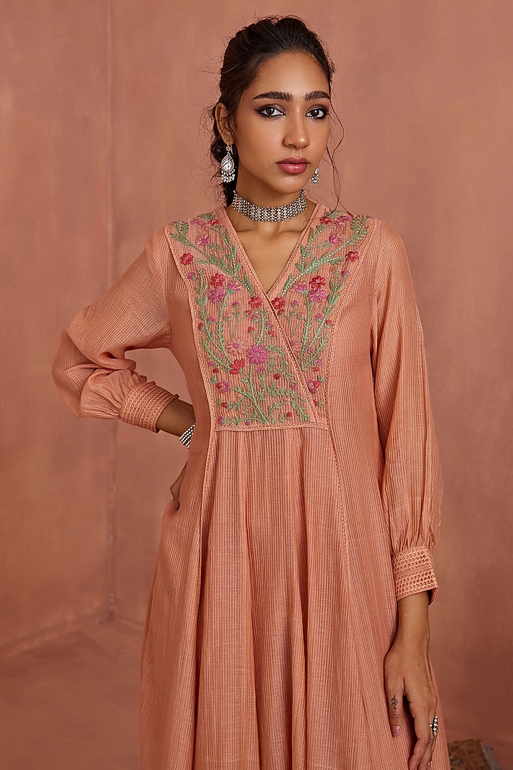 Blush Pink Handwoven Chanderi Hand Embroidered Angrakha Summer Dress by Kritika Dawar at Pernia's Pop Up Shop
