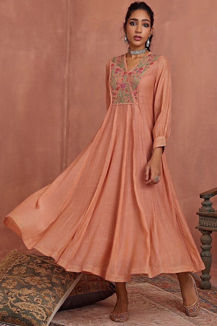 Blush Pink Handwoven Chanderi Hand Embroidered Angrakha Summer Dress by Kritika Dawar at Pernia's Pop Up Shop