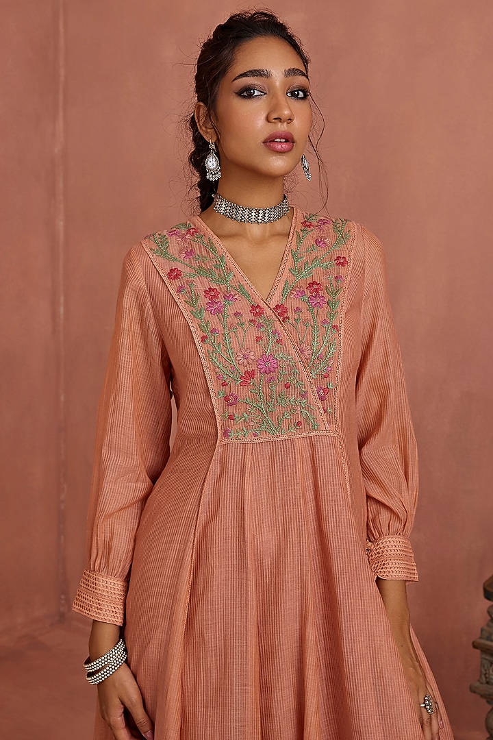 Blush Pink Handwoven Chanderi Hand Embroidered Angrakha Summer Dress by Kritika Dawar at Pernia's Pop Up Shop