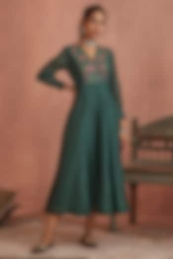 Teal Handwoven Chanderi Hand Embroidered Angrakha Dress by Kritika Dawar at Pernia's Pop Up Shop