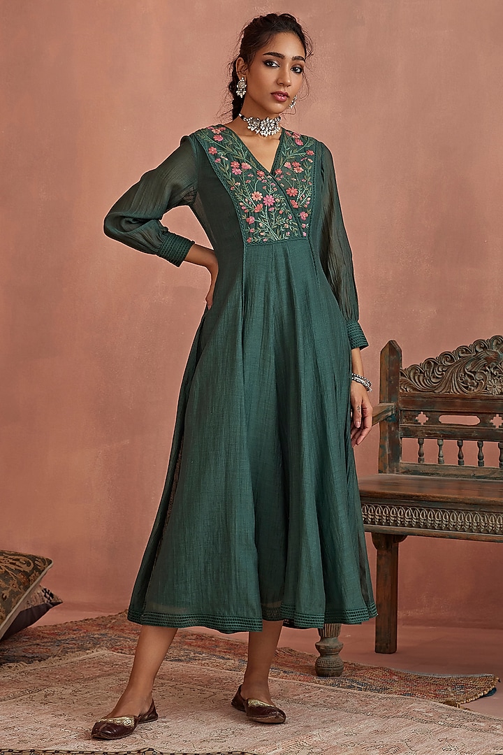 Teal Handwoven Chanderi Hand Embroidered Angrakha Dress by Kritika Dawar at Pernia's Pop Up Shop