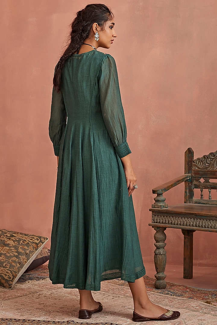 Teal Handwoven Chanderi Hand Embroidered Angrakha Summer Dress by Kritika Dawar at Pernia's Pop Up Shop