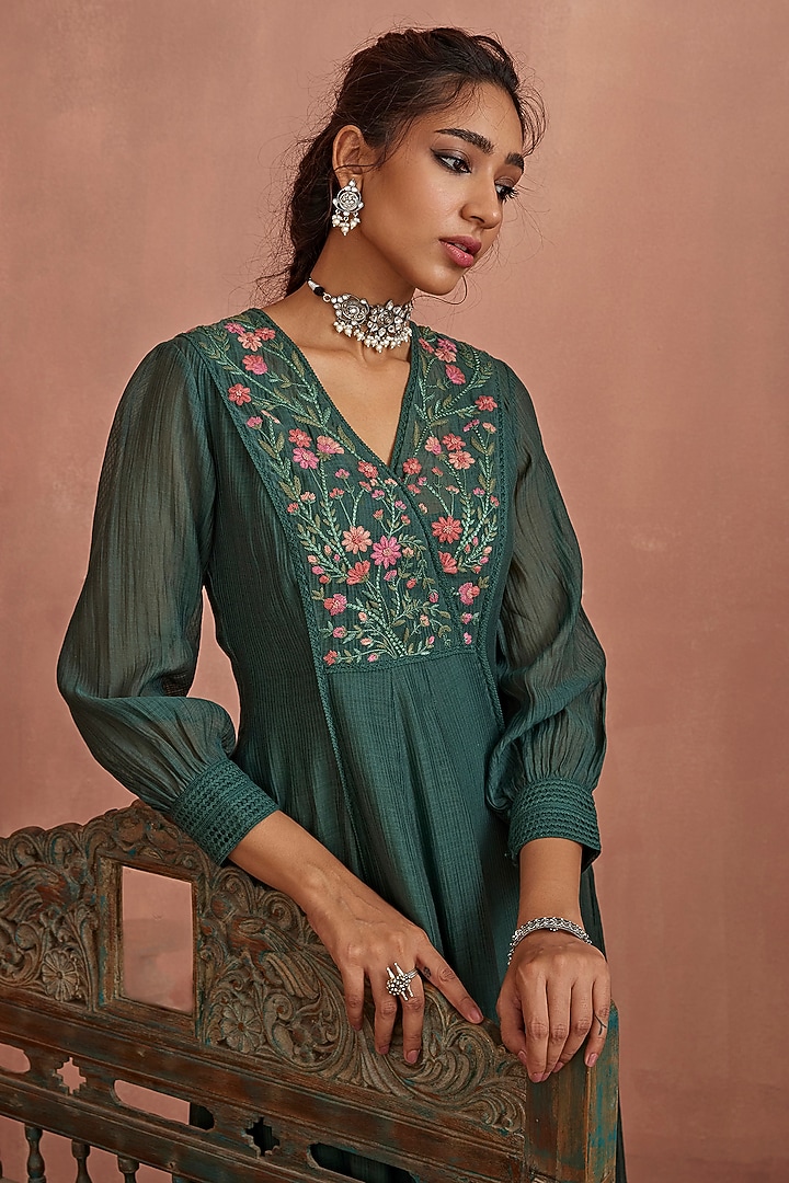 Teal Handwoven Chanderi Hand Embroidered Angrakha Summer Dress by Kritika Dawar at Pernia's Pop Up Shop