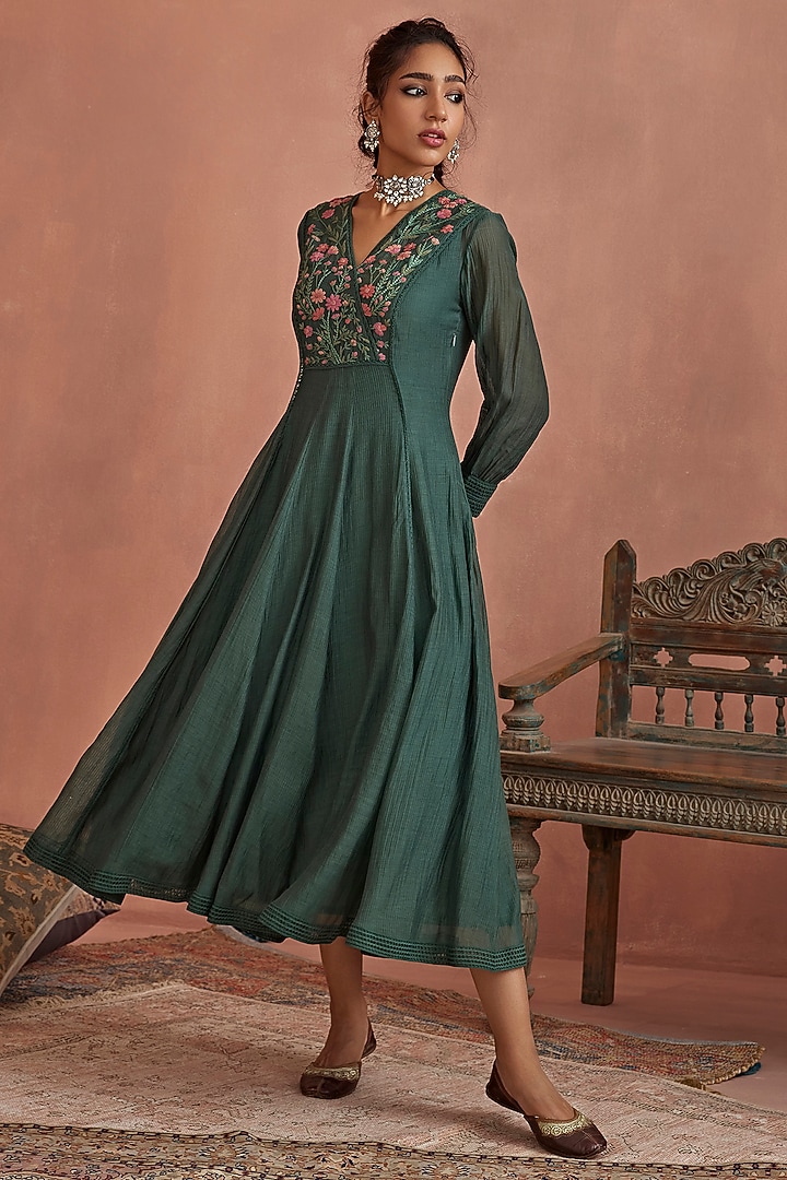 Teal Handwoven Chanderi Hand Embroidered Angrakha Summer Dress by Kritika Dawar at Pernia's Pop Up Shop