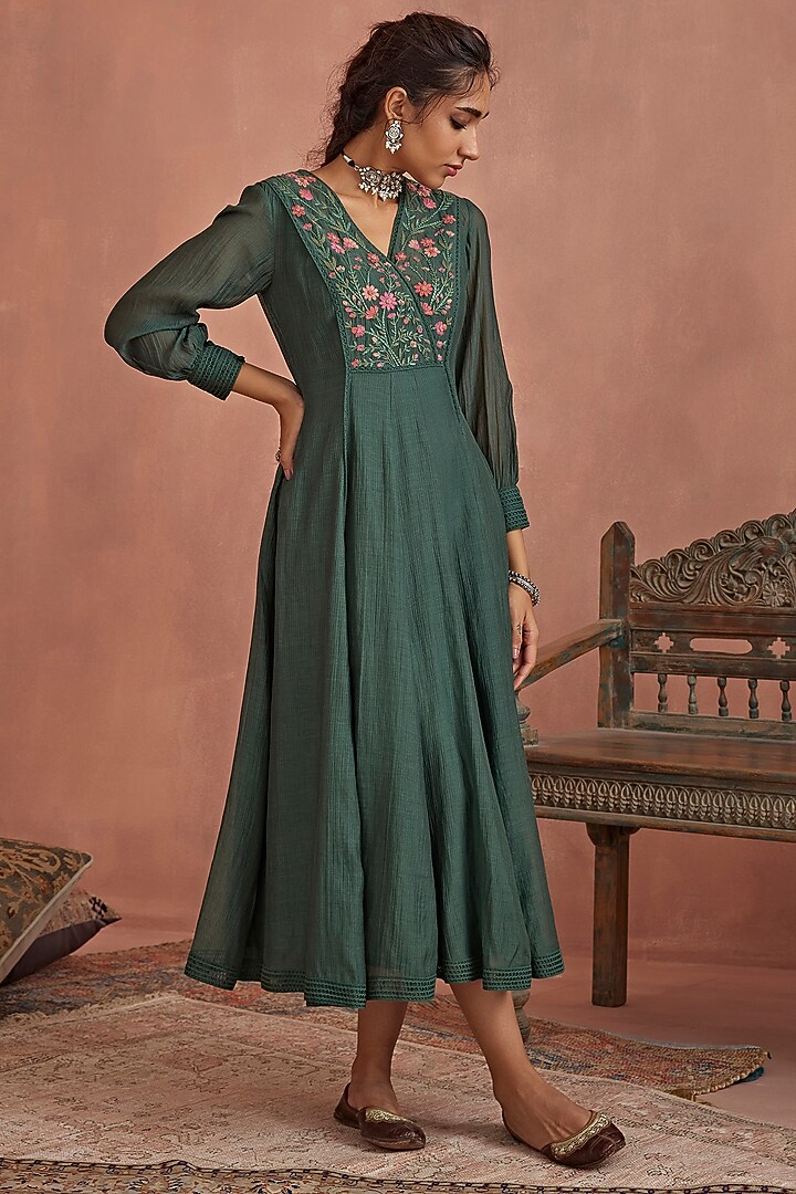 Teal Handwoven Chanderi Hand Embroidered Angrakha Summer Dress by Kritika Dawar at Pernia's Pop Up Shop