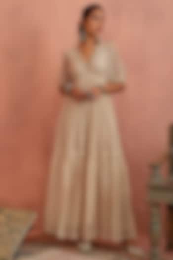 Ivory Chanderi Block Printed Tiered Maxi Dress by Kritika Dawar