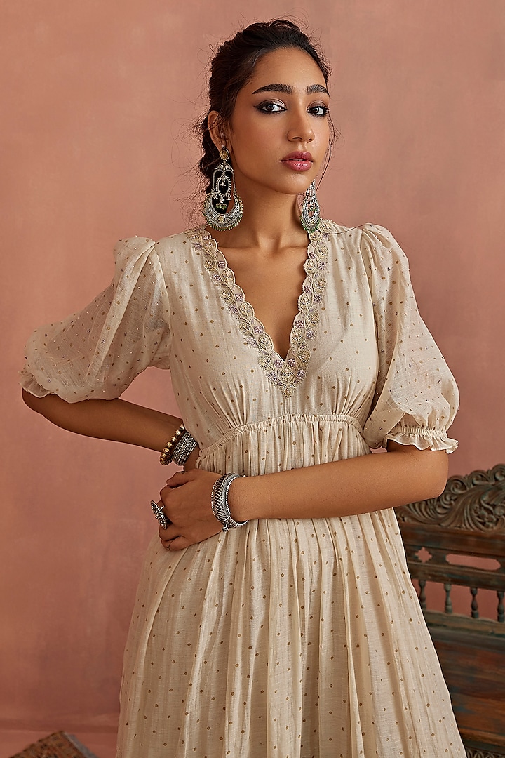 Ivory Chanderi Block Printed Tiered Maxi Vacation Dress by Kritika Dawar at Pernia's Pop Up Shop