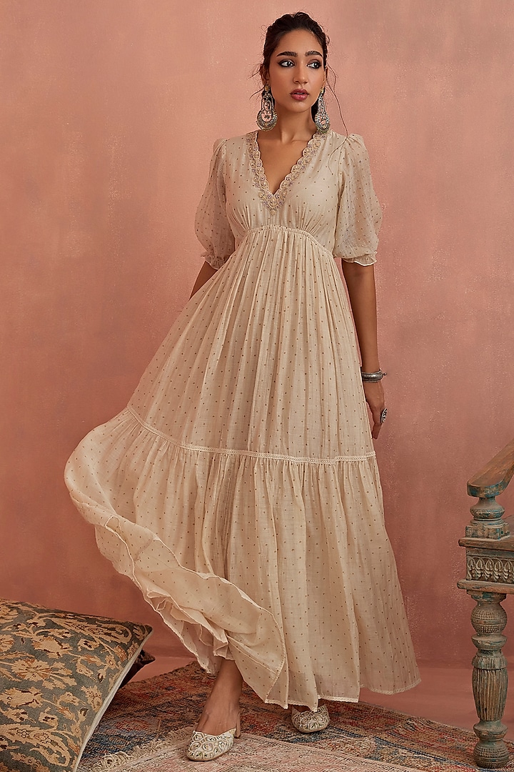 Ivory Chanderi Block Printed Tiered Maxi Vacation Dress by Kritika Dawar at Pernia's Pop Up Shop